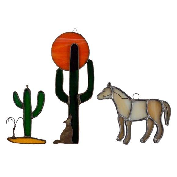 Cactus Sun Horse Desert Suncatchers Southwestern Cowboy Stained Glass Set of 3 - Picture 2 of 8